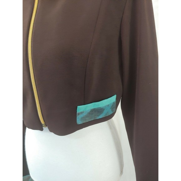 Vtg Linda Segal Jacket 12 Brown Blue Cropped Full Zip Shoulder Pads Large - Picture 3 of 10